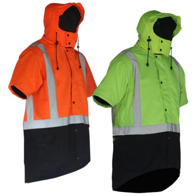 Caution D/N Hi-Vis S/Slv Oilskin Vest & Domed Hood